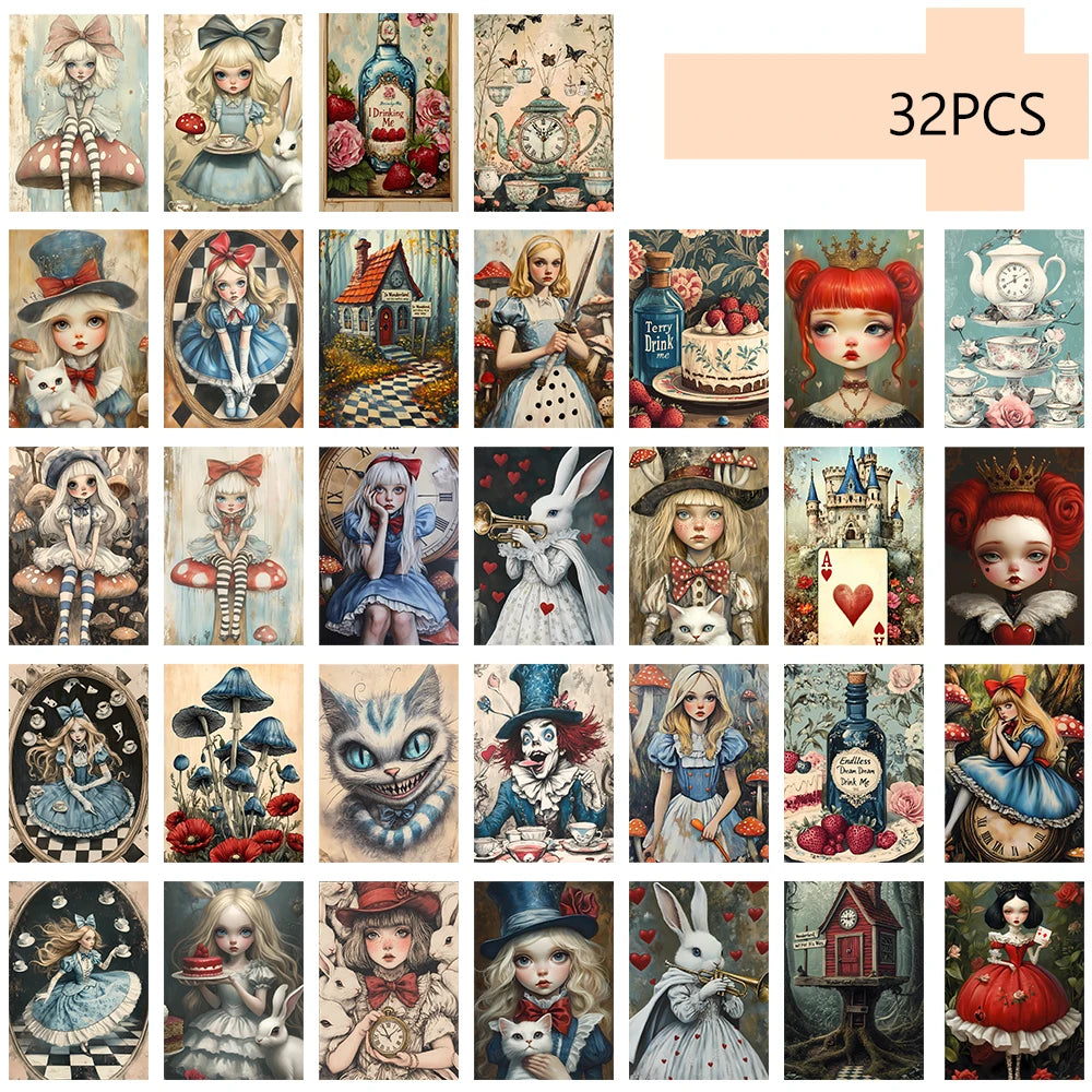 32Pcs, Alice in Wonderland Postcards, Fantasy, Birthday/Anniversary Gifts, Collectibles, Suitable for Gifting, Mailable.