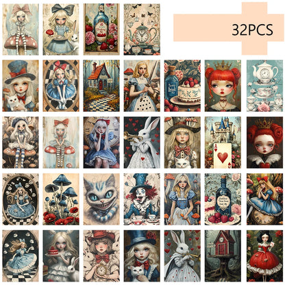 32Pcs, Alice in Wonderland Postcards, Fantasy, Birthday/Anniversary Gifts, Collectibles, Suitable for Gifting, Mailable.