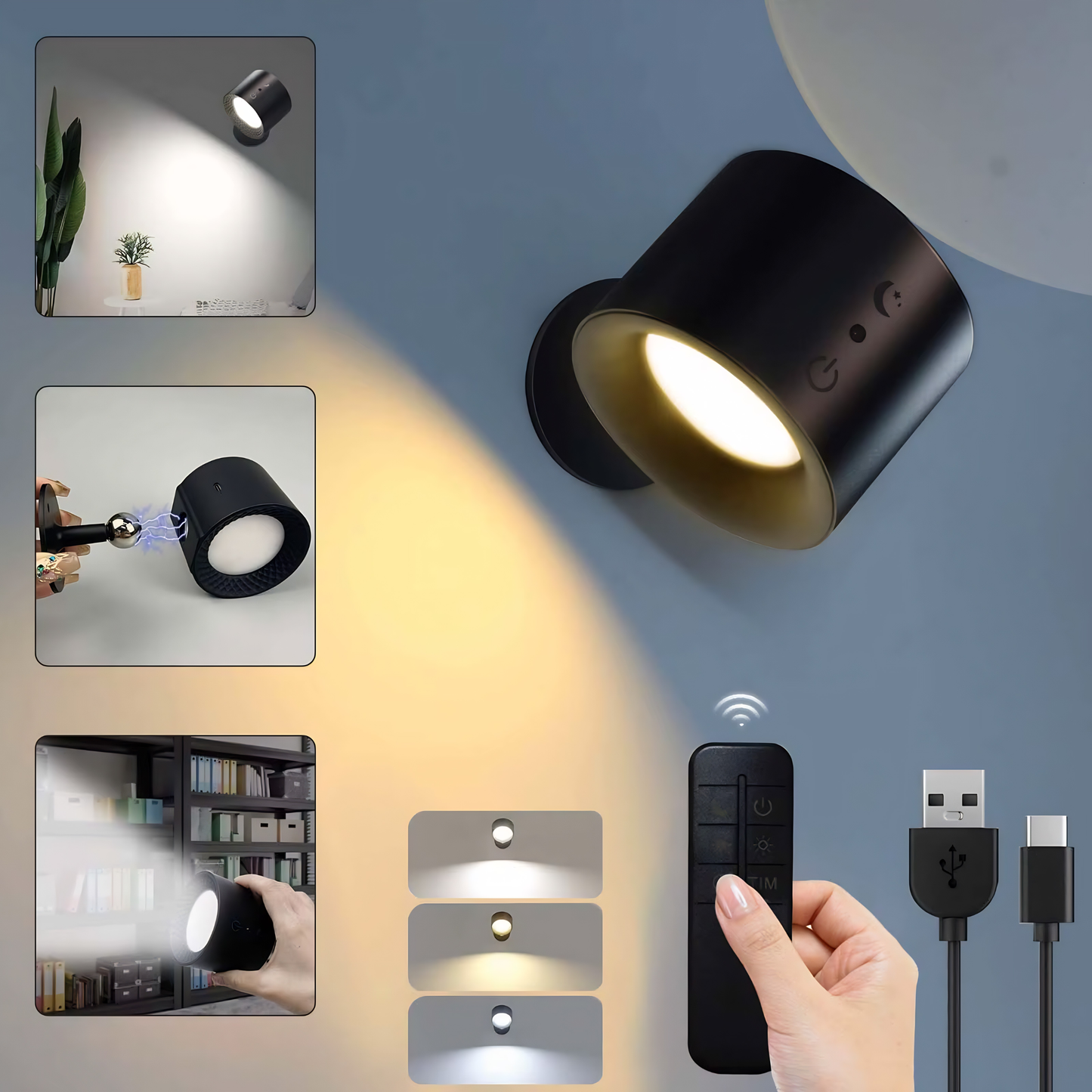 GlowFlex Touch Wall Lamp – Dual Head LED Light with Remote, 360° Rotation & USB Rechargeable Design