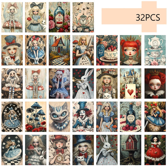 32Pcs, Alice in Wonderland Postcards, Fantasy, Birthday/Anniversary Gifts, Collectibles, Suitable for Gifting, Mailable.