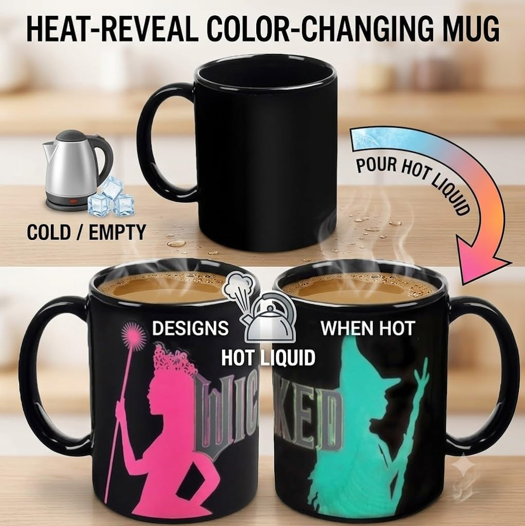 Wicked 11Oz Ceramic Heat Reveal Mug with Glinda Elphaba Design - Magical Pink and Green Heat Activated Coffee Cup - Official Licensed Wicked Merchandise Gift for Teens, Kids, Adults & Broadway Fans