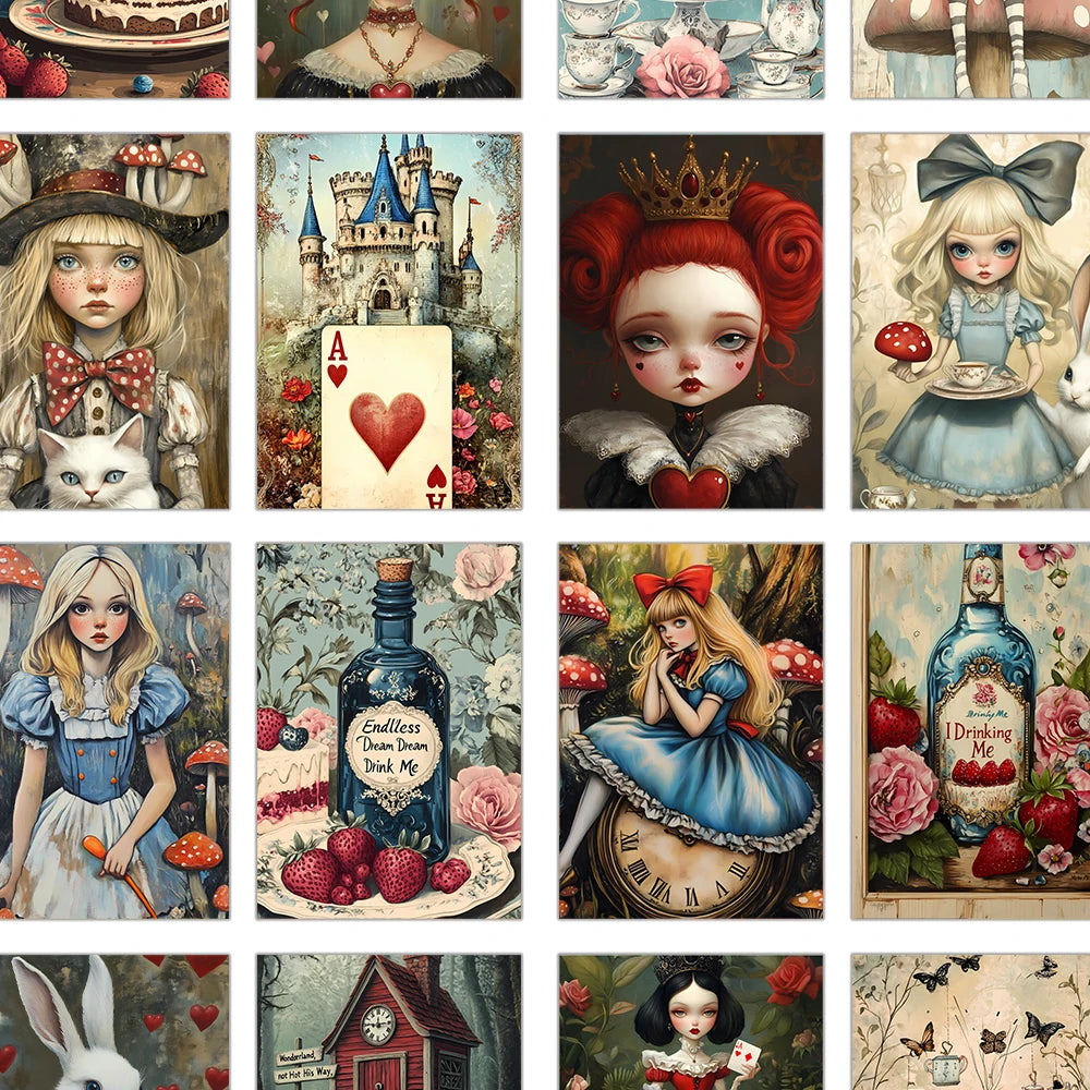 32Pcs, Alice in Wonderland Postcards, Fantasy, Birthday/Anniversary Gifts, Collectibles, Suitable for Gifting, Mailable.