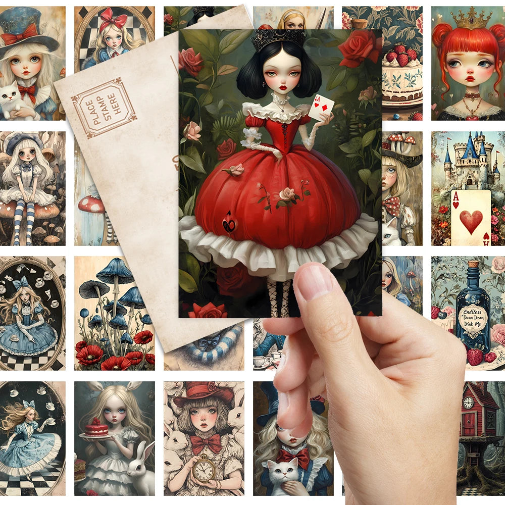 32Pcs, Alice in Wonderland Postcards, Fantasy, Birthday/Anniversary Gifts, Collectibles, Suitable for Gifting, Mailable.