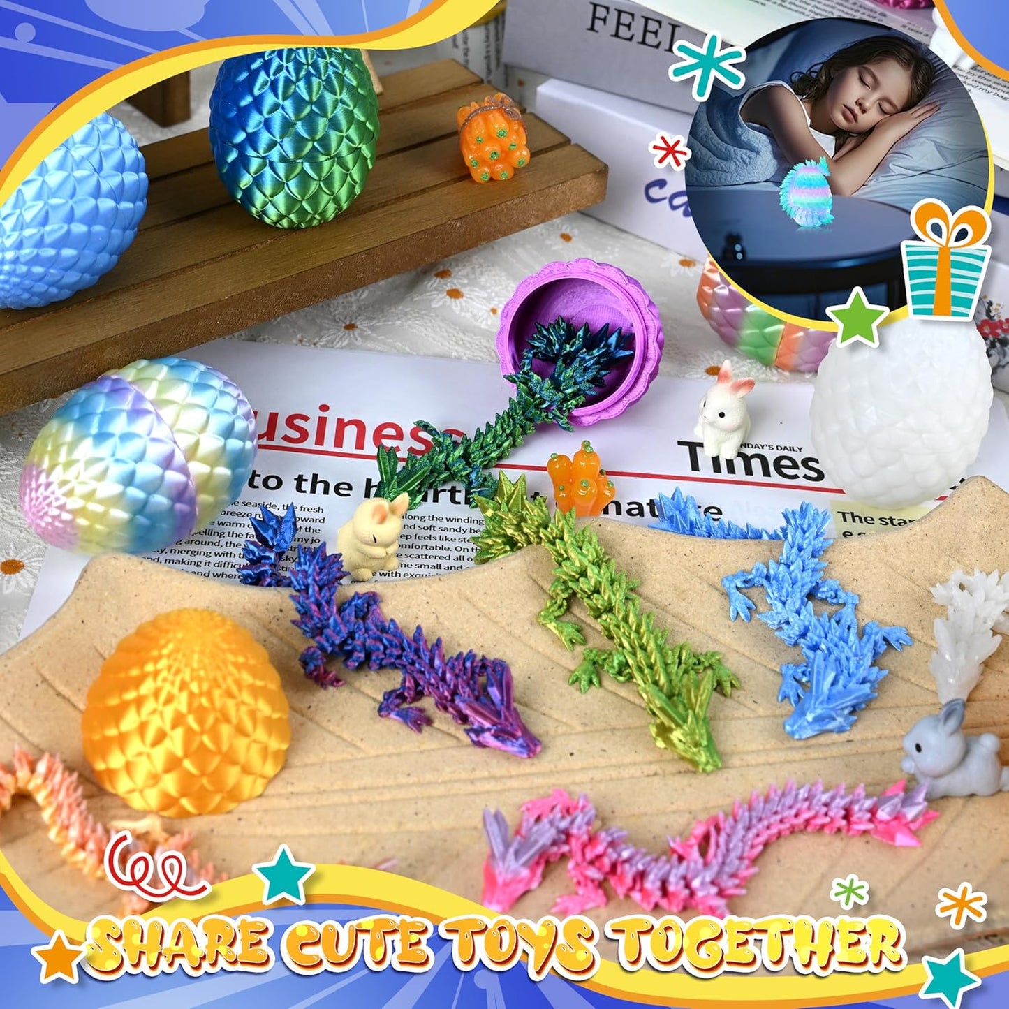 24P 3D Printed Dragon Eggs, Mystery Crystal Dragon Egg for Birthday Party Favors, Unique 3D Fidget Toys for Classroom Prizes Bag Stuffers, Fantasy Tabletop Decor for Kids & Collectors