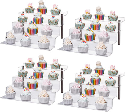 Acrylic Riser Shelf 4 Tier Clear Display Stand for Collectibles Pop Figures, Cupcakes, Perfumes, Display Risers for Decorating & Organizing - 11.8 X 10.8 X 6.5 in (Large, 4 Pack)