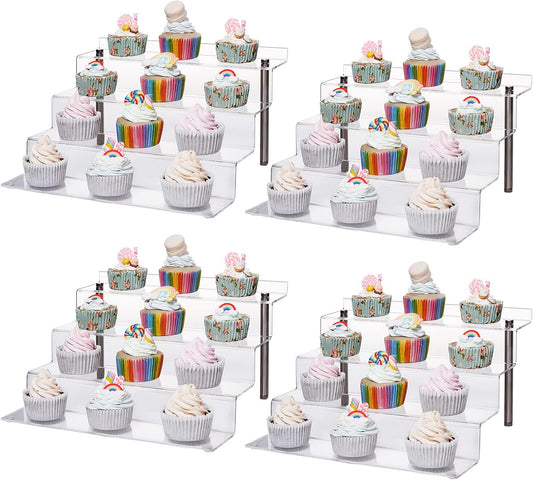 Acrylic Riser Shelf 4 Tier Clear Display Stand for Collectibles Pop Figures, Cupcakes, Perfumes, Display Risers for Decorating & Organizing - 11.8 X 10.8 X 6.5 in (Large, 4 Pack)